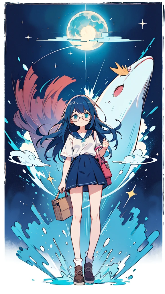 Blue-haired long hair，Design clothing，Seven-doppelganger shot，Anime style 4K，Anime girl with teal hair，High quality anime art style，Standing painting，Splash ink background，Blue Themes、Pure white background,Buildings,Face close-up,Buildings,Moon and sun、giant whale,Shining Star々,milky way,Bright Sky,Looking at me,Facing forward,Clear eyes and nose,cute,beautiful,Thin legs,Medium-long brown hair,Glasses,playing a UFO catcher,Brown Hair