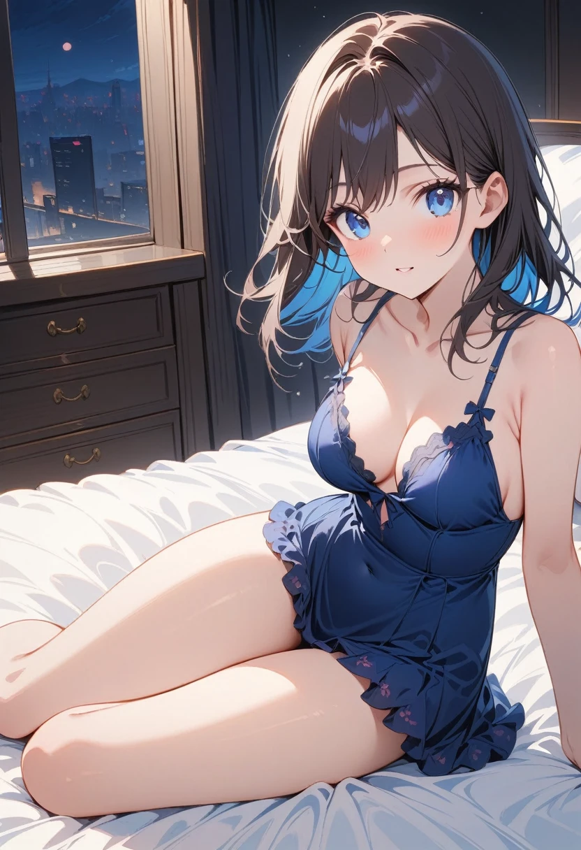 high quality,, 最high quality、 Stylish design, (((The most beautiful girl))), ((Thin legs))、(((最high quality))), High resolution, ((detailed)), ((masterpiece)), ((Super detailed)), 26 year old girl、lingerie、Black Hair、Inner Color、((At the bed,night)),(())