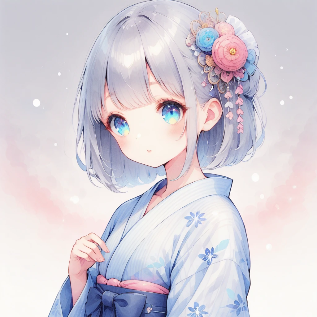 Gray Hair,Light blue eyes,Half Twin,yukata,hair ornaments