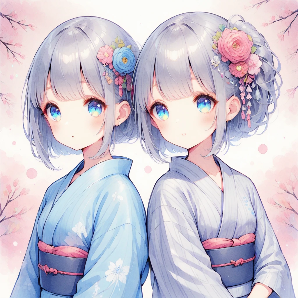 Gray Hair,Light blue eyes,Half Twin,yukata,hair ornaments