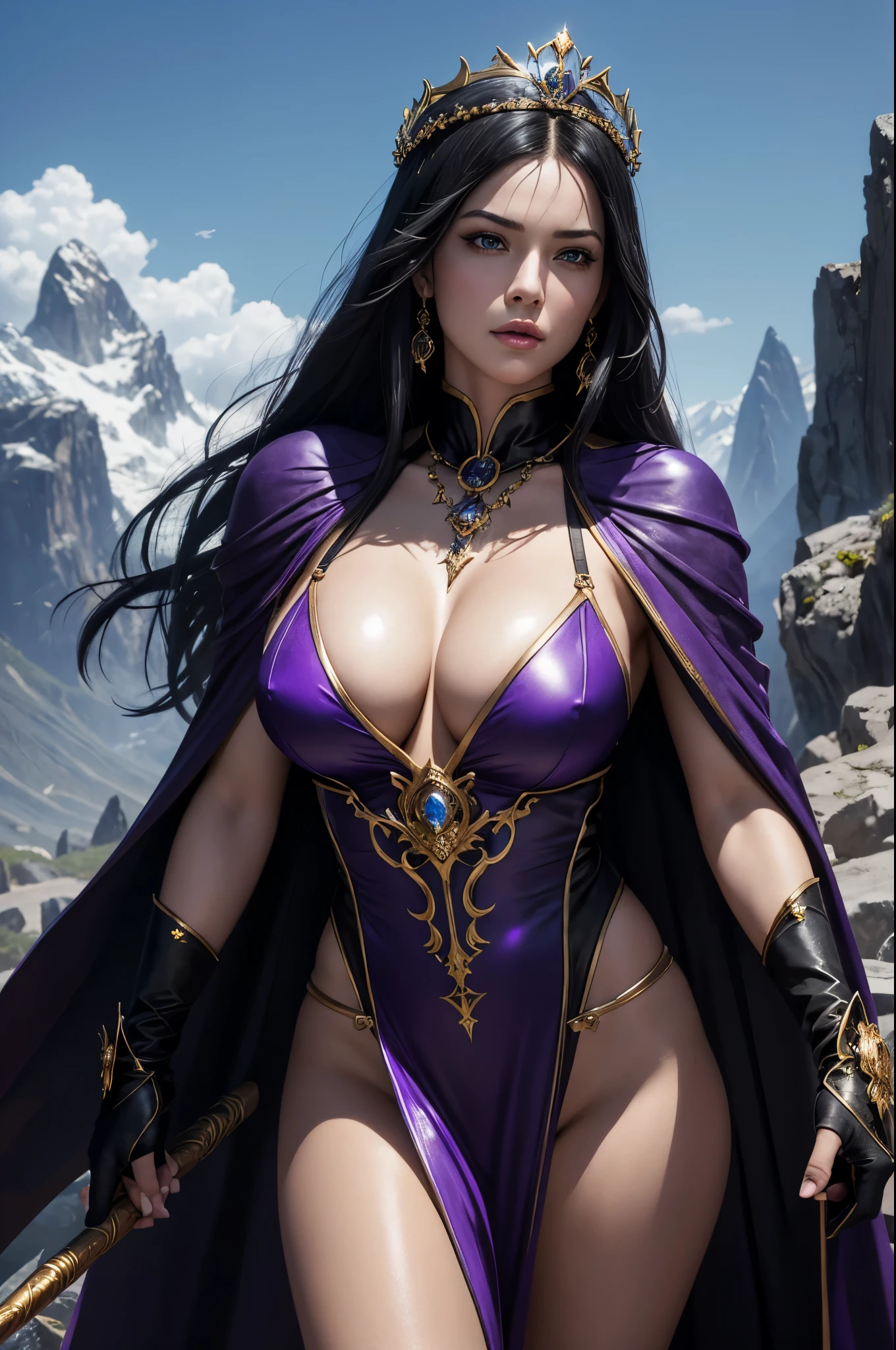 8k,Photorealistic　RAW Photos　Highest quality;1.4) 　(1 adult female)　Super Beauty　(A vivid face),Look at your face　long blue-black hair　The phantom empress with glowing purple eyes　Black and silver aristocratic big breast look　Luxurious black robe,　Golden decoration　Glare　Big black and gold walking stick,　Wearing black leather gloves　Remains　Gwaitz Style　purple rouge　Realistic　Exact details,Beautiful expression　Details of each part　Ultra-high resolution　超Realistic　Charm　Instep　Realistic Skin　Fantasy Queen　An inviting gaze　Emphasize cleavage,,Compensate,masterpiece,Highest qualityのPhotorealisticなRAW Photos。Bright colors,Rich colors, Backlight, Cinema Lighting, Film Grain, 50mm lens, Nikon D850,Detailed character art,Fantasy art,Ultra-high resolution,Ultra-Realistic Skin,Perfect hand shape,Muscular Beauty,Dynamic fighting pose,In the mountains,Devil's Makeup,A big magic circle behind(Purple effect),