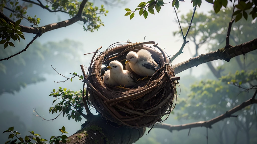 A terrible storm with branches and leaves flying, and in close-up a nest in the center of the image with a bird and its chicks in complete peace and safety.