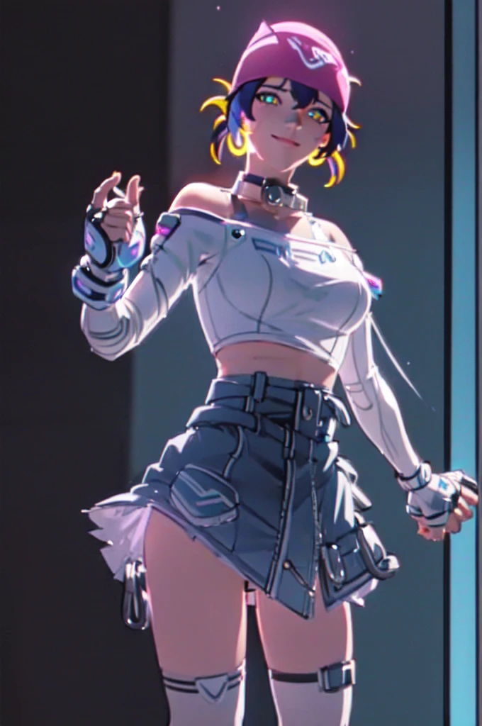 (((Glowing neon eyes))), ((masterpiece, best quality)), 1girl, solo, Kiriko LeSserafim, upper body, short hair, brown eyes, multicolored hair, blue hair, yellow highlights, bangs, pink headwear, hair between eyes, (white off-shoulder shirt:1.5), ((gloves:1.5)), pointing to her face, fingerless gloves, hoop earrings, (white shirt:1.5), headphones around neck, thighhigh, white gloves, lace-up boots, boots, gloves, jacket around waist, thighhighs, breasts, headphones, standing, jewelry, bracelet, midriff, white crop top, cross-laced footwear single kneehigh, smile, earrings, jewelry, hat, looking at viewer, makeup, facepaint, facial mark, detached sleeves, lips, indoors, japanese house, hands on her face, portrait,