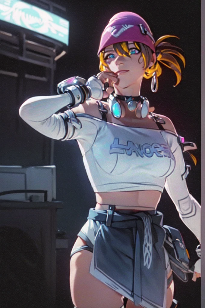 (((Glowing neon eyes))), ((masterpiece, best quality)), 1girl, solo, Kiriko LeSserafim, upper body, short hair, brown eyes, multicolored hair, blue hair, yellow highlights, bangs, pink headwear, hair between eyes, (white off-shoulder shirt:1.5), ((gloves:1.5)), pointing to her face, fingerless gloves, hoop earrings, (white shirt:1.5), headphones around neck, thighhigh, white gloves, lace-up boots, boots, gloves, jacket around waist, thighhighs, breasts, headphones, standing, jewelry, bracelet, midriff, white crop top, cross-laced footwear single kneehigh, smile, earrings, jewelry, hat, looking at viewer, makeup, facepaint, facial mark, detached sleeves, lips, indoors, japanese house, hands on her face, portrait,  