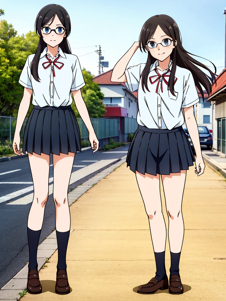 Best image quality,(Multiple Views)((1 girl))((high school girl))((amagami))Happy,Outdoor,station,Black Hair,ribbon,Glasses,mini skirt,Short sleeve shirt,Delete button,panties,good,loose socks,whole body,From below,Masturbation