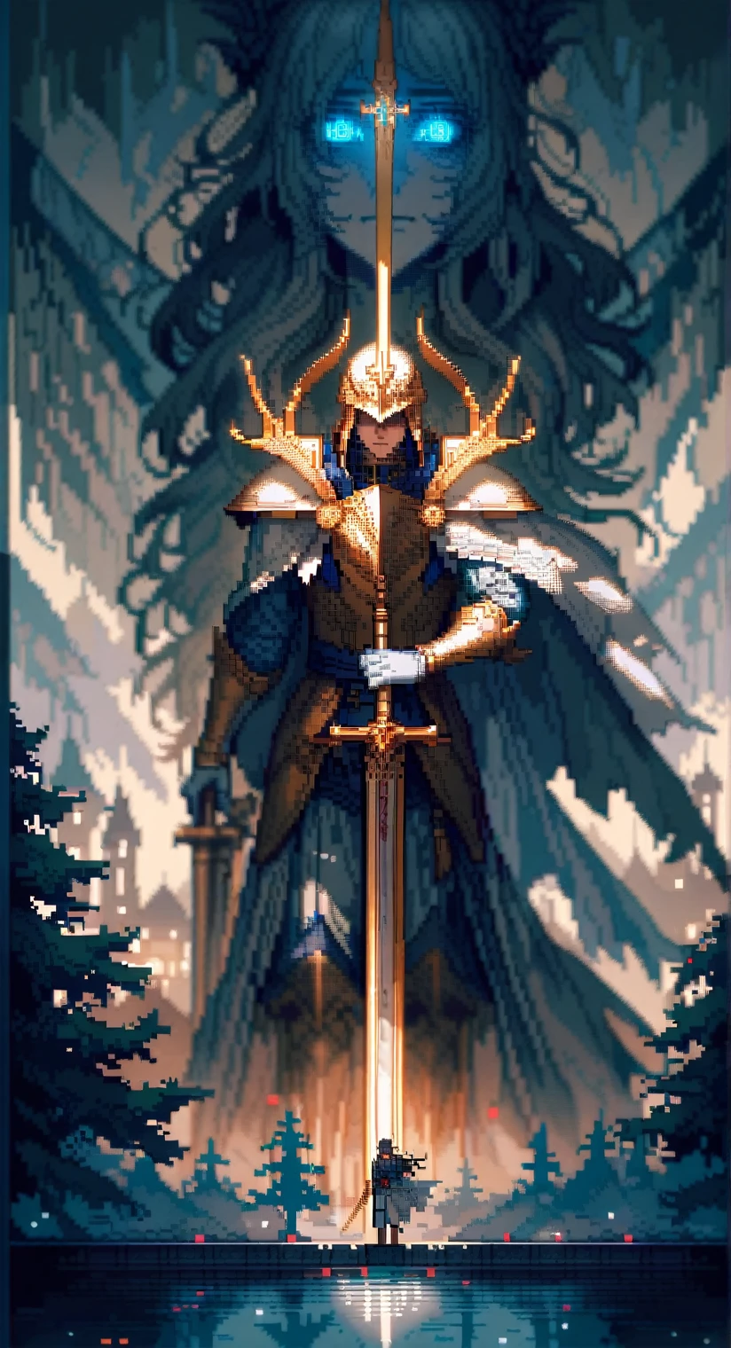 solo, (((pixel art))), masterpiece, best quality, very aesthetic, absurdres, extremely detailed, (quasarcake:1.2), 1boy, male focus, v-line jaw, (((detailed lighting, rendered, beatiful eyes, expressive eyes, detailed eyes, perfect hair, detailed face and body))), 
A valiant knight clad in gleaming, ornate armor stands at the edge of an ancient, enchanted forest. His sword, etched with runes and glowing faintly, is gripped firmly in his hand. The knight's helmet reveals eyes full of determination and honor. Behind him, a majestic castle rises against a backdrop of misty mountains, its towers touching the sky. A mystical creature, a loyal dragon or a graceful unicorn, stands by his side. The air is filled with the scent of pine and magic, and the soft sounds of a medieval melody echo through the trees. This scene embodies bravery and the timeless quest for justice in a world of fantasy.