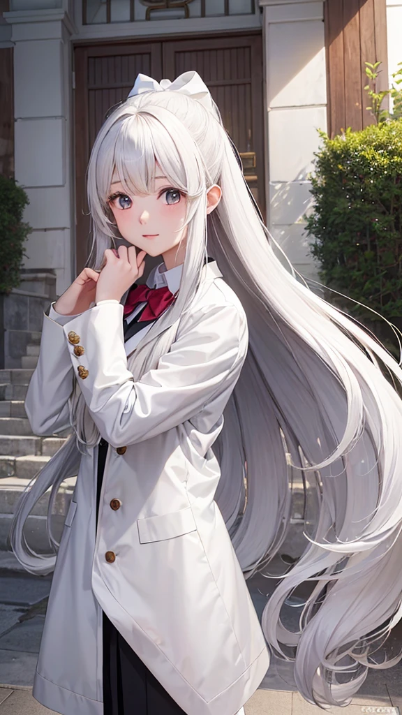 There is a long-haired woman wearing a white jacket and a bow tie, korean girl, realistic young anime girl, Chinese girl, anime girl in real life, anime girl with long hair., white hime cut hairstyle, beautiful natural anime face, 3d realistic anime style., beautiful anime girl, with a cute face - fine, beautiful animated portrait, beautiful south korean woman