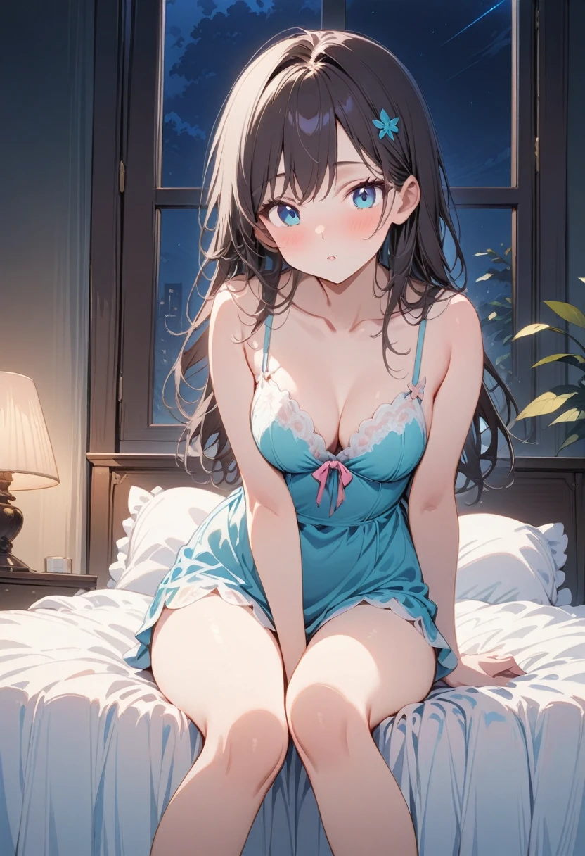 high quality,, 最high quality、 Stylish design, (((The most beautiful girl))), ((Thin legs))、(((最high quality))), High resolution, ((detailed)), ((masterpiece)), ((Super detailed)), 、lingerie、Black Hair、Inner Color、((At the bed,night)),((Sexual)),((Shyness))