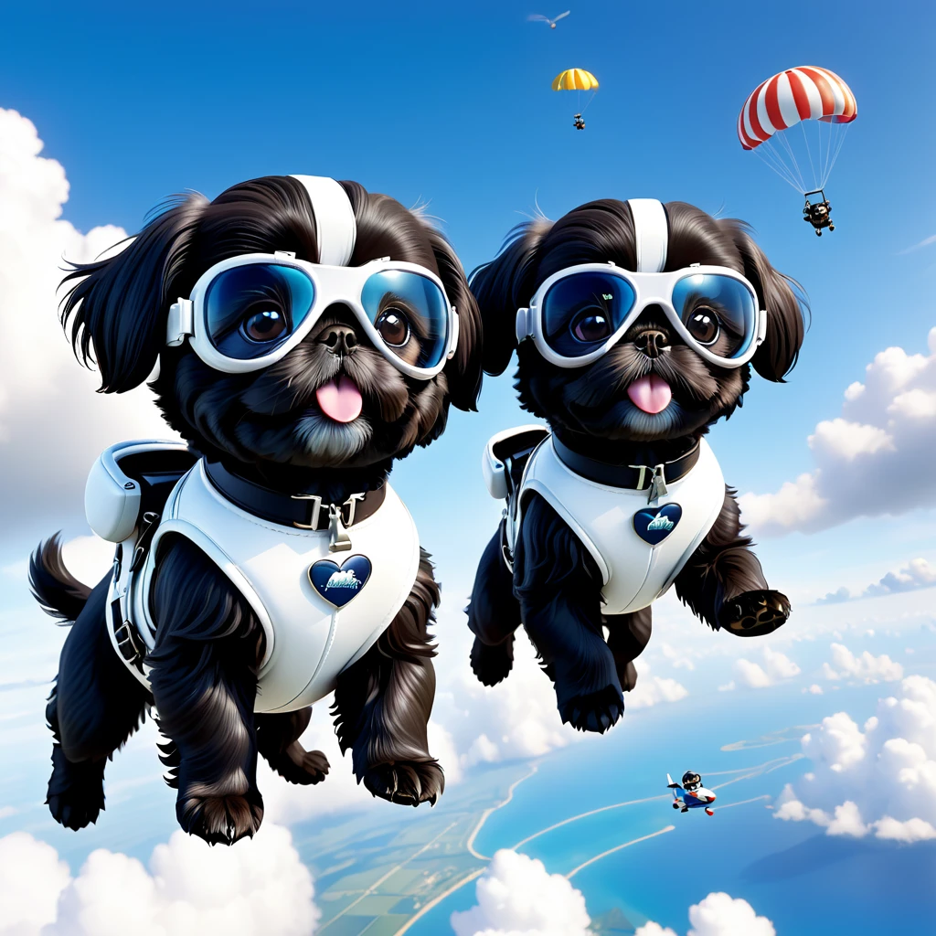 2 Adorable small black Shih Tzu puppies wearing white goggles skydiving 3d cartoon 3d render disney pixar style