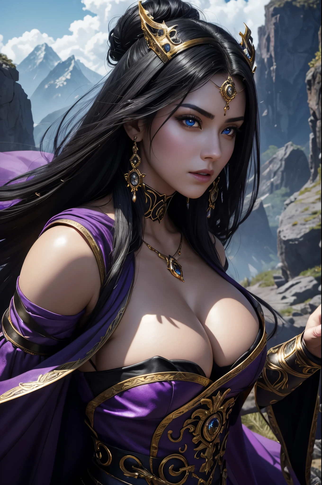 8k,Photorealistic　RAW Photos　Highest quality;1.4) 　(1 adult female)　Super Beauty　(A vivid face),Look at your face　long blue-black hair　The phantom empress with glowing purple eyes　Black and silver aristocratic big breast look　Luxurious black robe,　Golden decoration　Glare　Big black and gold walking stick,　Wearing black leather gloves　Remains　Gwaitz Style　purple rouge　Realistic　Exact details,Beautiful expression　Details of each part　Ultra-high resolution　超Realistic　Charm　Instep　Realistic Skin　Fantasy Queen　An inviting gaze　Emphasize cleavage,,Compensate,masterpiece,Highest qualityのPhotorealisticなRAW Photos。Bright colors,Rich colors, Backlight, Cinema Lighting, Film Grain, 50mm lens, Nikon D850,Detailed character art,Fantasy art,Ultra-high resolution,Ultra-Realistic Skin,Perfect hand shape,Muscular Beauty,Dynamic fighting pose,In the mountains,Devil's Makeup,A big magic circle behind(Purple effect),