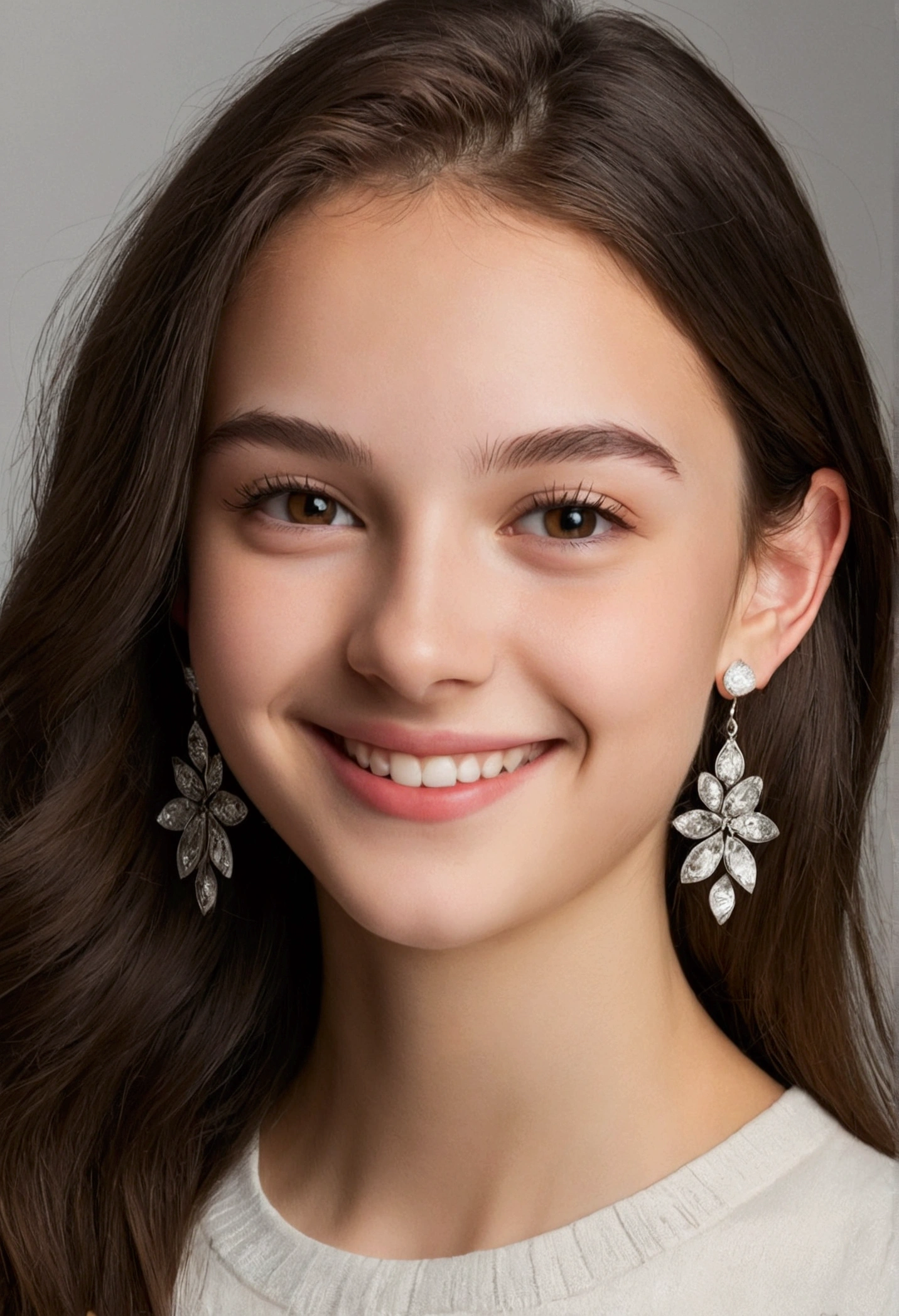 Photo of an 18 year old brunette woman., who has a very natural face, thin lips, thin eyes, thin eyebrows, fine nose, earrings, long eyelashes ,smiling cute, good breasts , good butt, a photo is taken with a neutral face