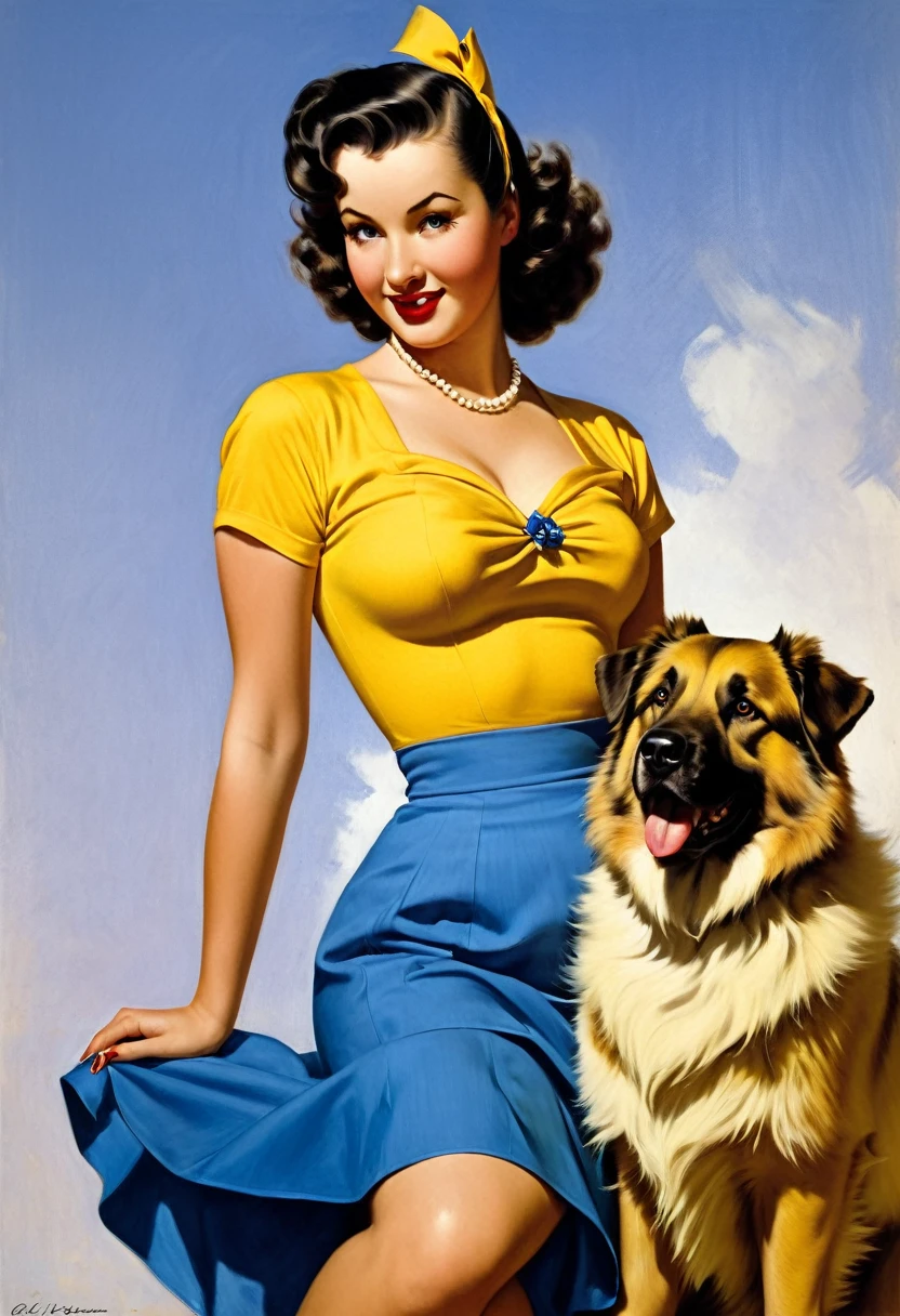 image of a woman in a yellow top and blue skirt with a Caucasian Shepherd dog, Gil Elvgren style, pinup art, pinup girl, vintage pinup, pinup poster, pinup girl, Gil Elvgren, Art Frames, pinup, pinup, pinup, pinup art, pinup art, pinup artgerm and Gil Elvgren, pinup girl.
