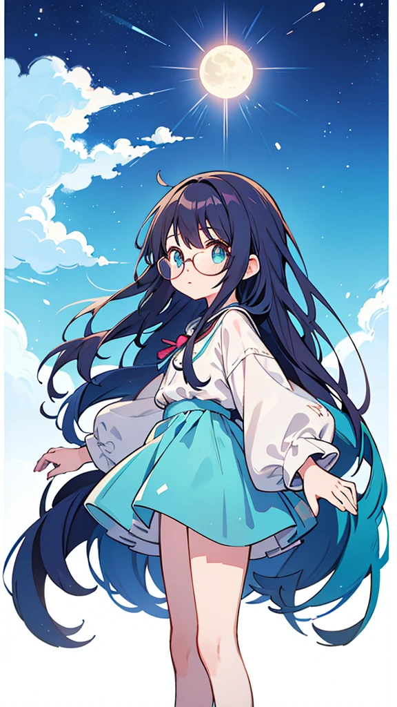 Blue-haired long hair，Design clothing，Seven-doppelganger shot，Anime style 4K，Anime girl with teal hair，High quality anime art style，Standing painting，Splash ink background，Blue Themes、Pure white background,Buildings,Face close-up,Buildings,Moon and sun、Shining Star々,milky way,Bright Sky,Looking at me,Facing forward,Clear eyes and nose,cute,beautiful,Thin legs,Medium-long brown hair,Glasses,playing a UFO catcher,Brown Hair