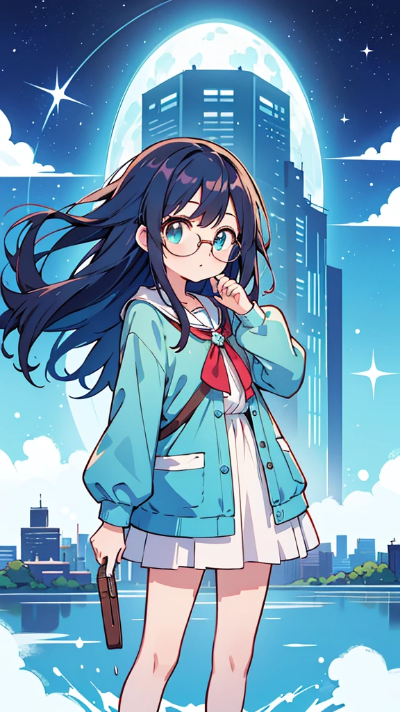 Blue-haired long hair,Design clothing,Seven-doppelganger shot,Anime style 4K,Anime girl with teal hair,High quality anime art style,Standing painting,Splash ink background,Blue Themes、Pure white background,Buildings,Face close-up,Buildings,Moon and sun、Shining Star々,milky way,Bright Sky,Looking at me,Facing forward,Clear eyes and nose,cute,beautiful,Thin legs,Medium-long brown hair,Glasses,playing a UFO catcher,Brown Hair,ゲームセンター
