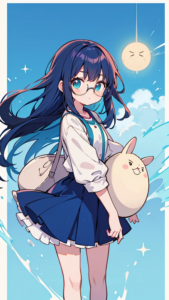 Blue-haired long hair，Design clothing，Seven-doppelganger shot，Anime style 4K，Anime girl with teal hair，High quality anime art style，Standing painting，Splash ink background，Blue Themes、Pure white background,Buildings,Face close-up,Buildings,Moon and sun、Shining Star々,milky way,Bright Sky,Looking at me,Facing forward,Clear eyes and nose,cute,beautiful,Thin legs,Medium-long brown hair,Glasses,playing a UFO catcher,Brown Hair,ゲームセンター