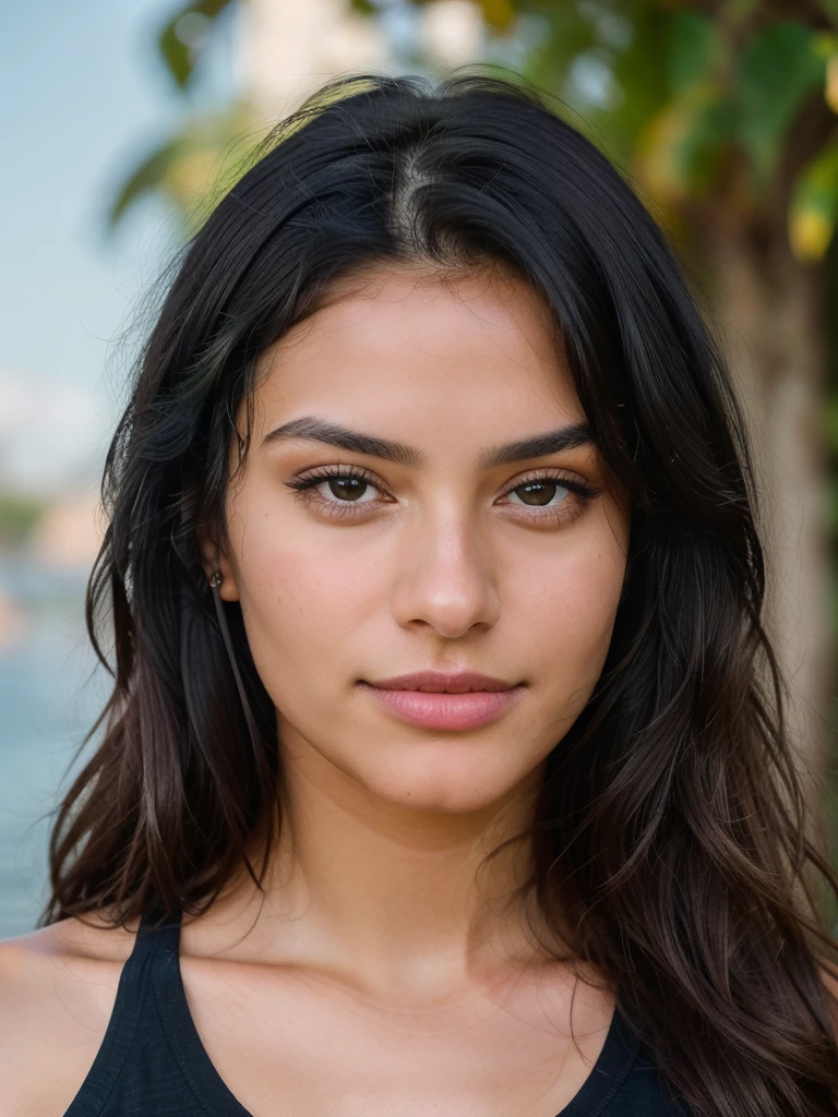 Beautiful latina girl with straight black hair wearing a Black t-shirt, highly detailed, 22 years old, , , innocent face, natural wavy hair, brown eyes, high resolution, Masterpiece, Best quality, Intricate high detail, Highly detailed, Sharp focus, Detailed skin, realistic skin texture, texture, detailed eyes, professional, 4k, charming smile, shot on Canon, 85mm, deep depth of field, Kodak Vision Color, Perfect Fit Body , extremely detailed, photography_\(ultra\), Photorealistic, Realistic, Post-processing, maximum details, roughness, real life, ultra realistic, Photorealism, photography, 8k UHD, photography, busty