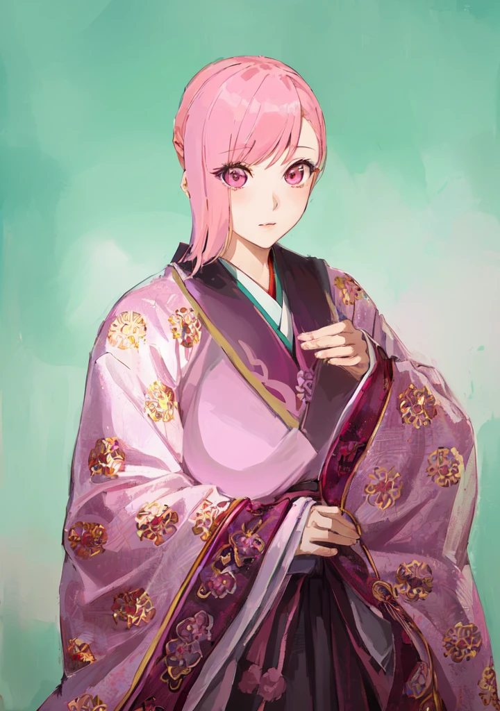 Pink Hair、Anime girl in purple dress，, Sakura Haruno, ((Wearing noble robes)), Goto Indian Summer,Produced in collaboration with Anime Painter Studio, Inspired by Nishikawa Sukenobu, Glorious Makami, inspired by Eizan Kikukawa, Wearing Kimono, Yaoi Haruma, Wearing Kimono，big ，huge ，sex body，Three Kingdoms，Dynasty Warriors，Chinese style，Hanfu，Huge Breasts，Pink Eyes，Pink Hair，A bit sinister look，Cunning girl，fate Miyamoto Musashi