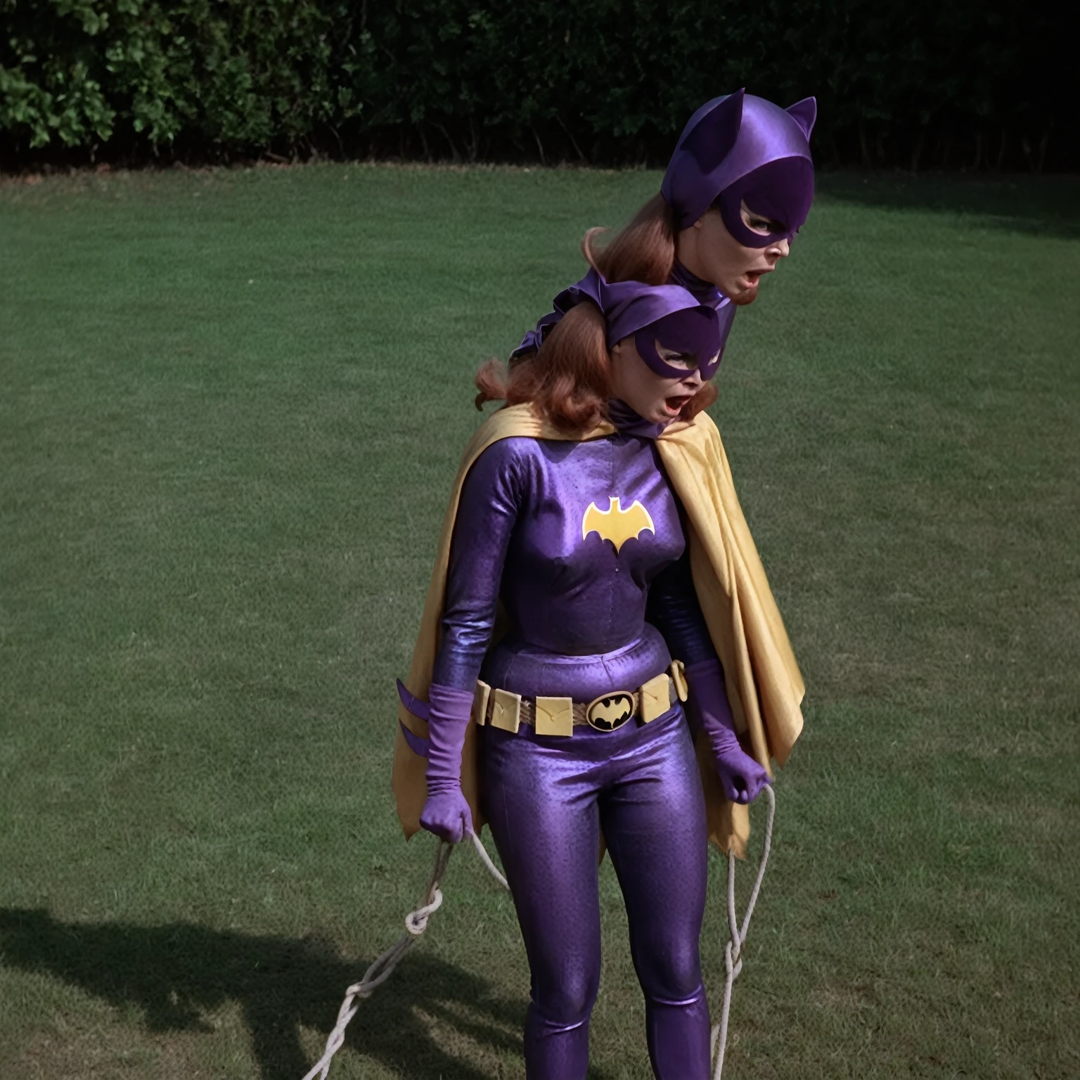 yvonne craig woman, her body is tied in the waist by a rope which contracts and squeeze her body, she cant move while her waist is squeezed by the rope, she is standing in pain with her shoulders shrugged, screaming, she is in pain, we see her injures, 60's style, analog film, on grass, film grain