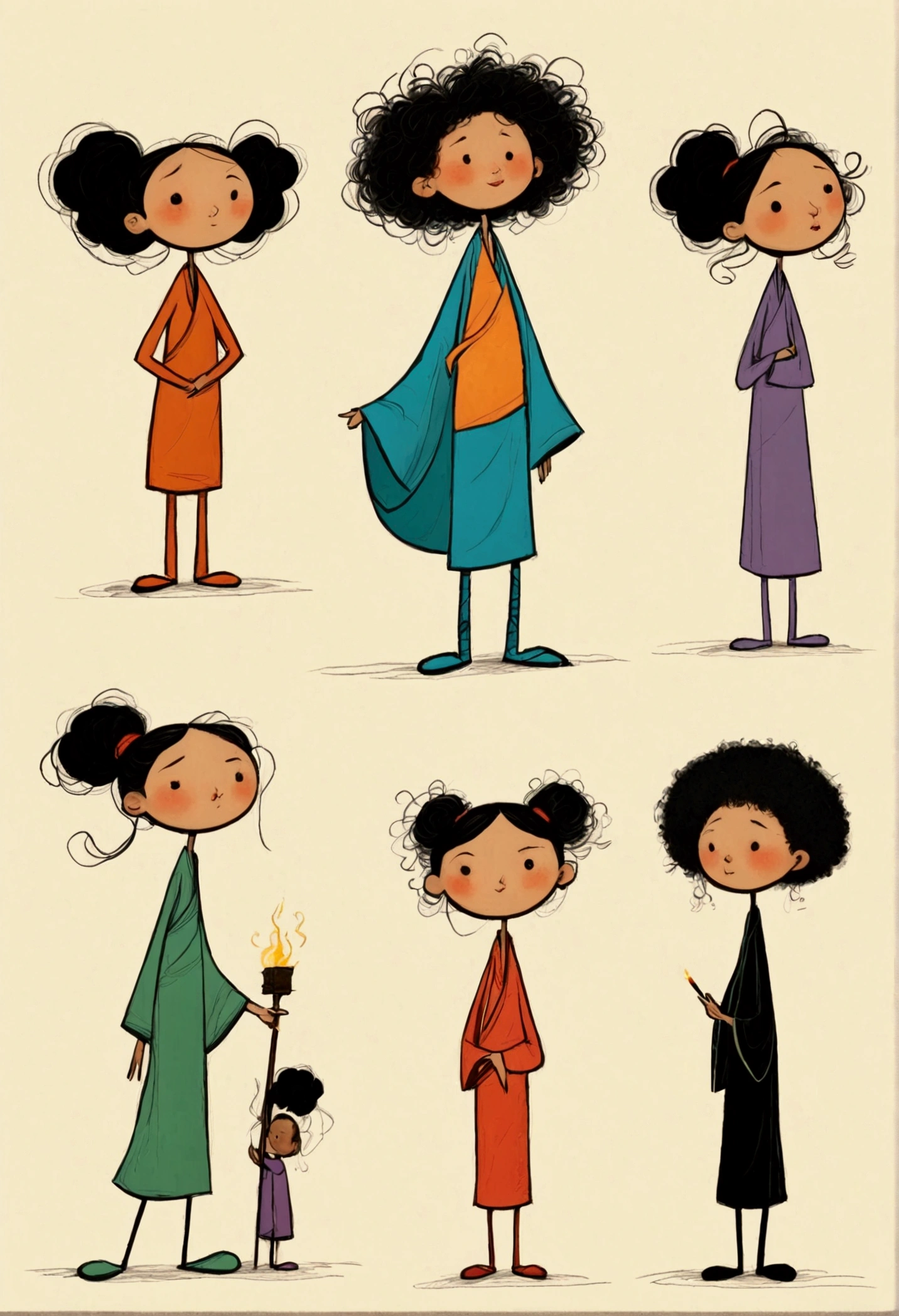 (((Exaggerated digital character sketches:1.37,Matchstick Men))).(1 Girl,cheongsam,Solitary,Fluffy curly hair,(Exaggerated expression,),(Black sketch lines,Loose brushstrokes create the outline,Cartoon Style. Bright colors and simplified lines, sketch)。(Exaggerated body movements),(Large area of blank)