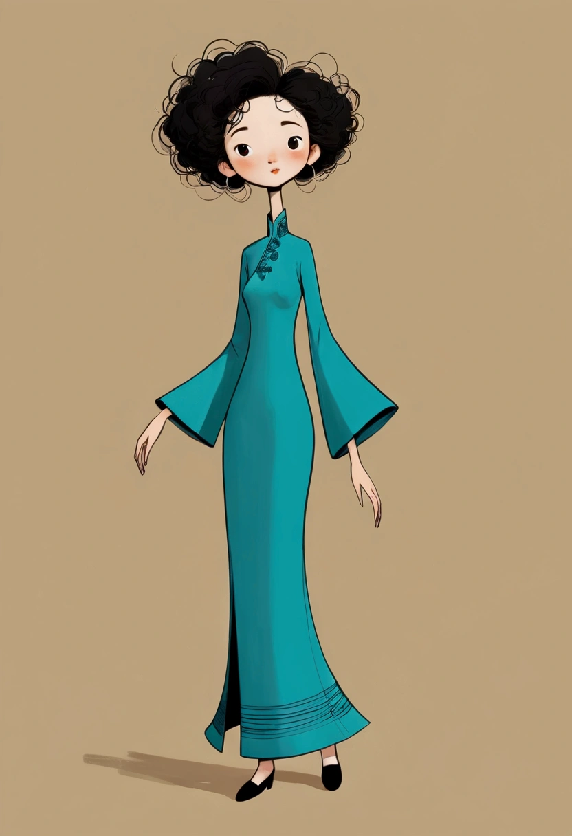 (((Exaggerated digital character sketches:1.37,Matchstick Men))).(1 Girl,cheongsam,Solitary,Fluffy curly hair,(Exaggerated expression,),(Black sketch lines,Loose brushstrokes create the outline,Cartoon Style. Bright colors and simplified lines, sketch)。(Exaggerated body movements),(Large area of blank)