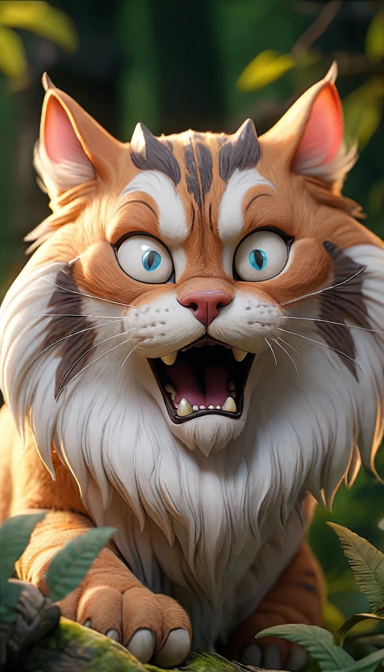 a massive, gigantic cat, extremely detailed, high quality, photorealistic, beautiful detailed eyes, beautiful detailed nose, beautiful detailed mouth, longeyelashes, majestic feline, hunting small human figures, incredibly detailed fur, sharp claws, intense predatory gaze, lush forest background, dramatic lighting, cinematic composition, vivid colors, intricate details