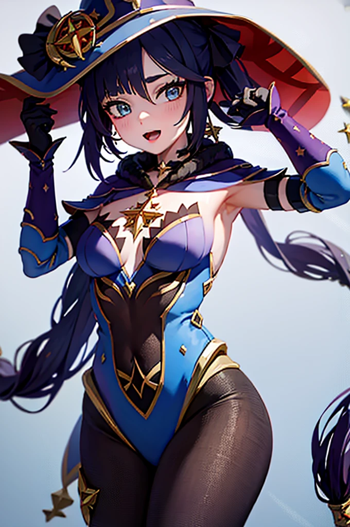 tiny girl,Beautiful breasts,Smile with open mouth,A dark-haired,Twin-tailed,Top image quality,Best Quality、big blue hat、Black tights、Luminous magic circle、S starrysky、Pale translucent magic circle、Pale blue flash、high-level image quality、Top image quality、8K、A detailed face、Trace a large magic circle with your finger