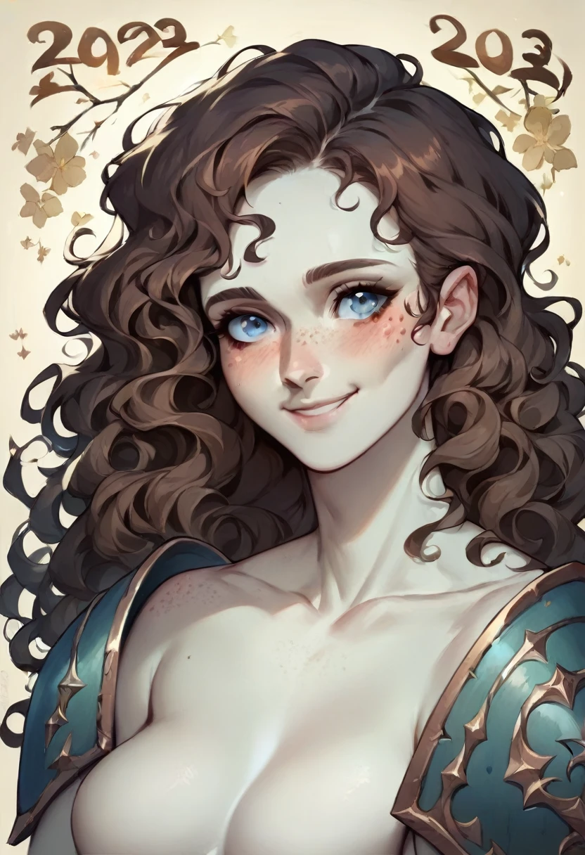 ((high resolution)), ((pale skin)), freckled, brunette ((11 year old)) girl, with blue eyes, blushing cheeks, wavy hair, smiling, naked, as a fantasy warrior, sexy armor