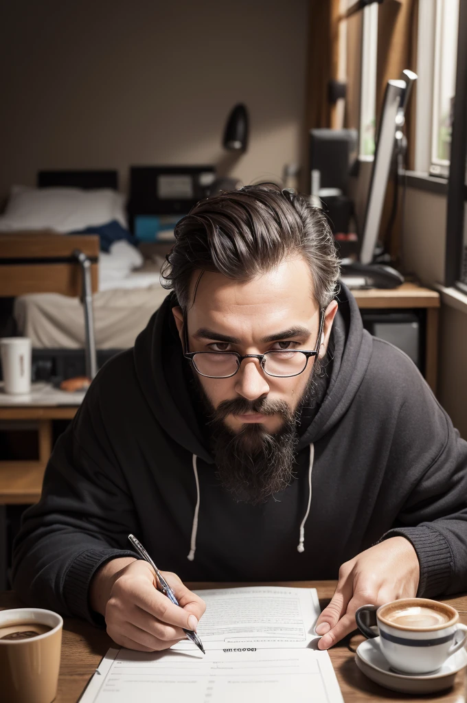 ((work of art, foto hd, CRU, highest quallity, photorrealistic, hyper detailled, 8k)), Hasselbad, prime lens, close extremo, portraite, Face, one  men, 42 Years Old (sleeping) detailed Face, cups, barba:1.2, facial hair, hooded cloak, oily hair, messy, homely, careless, unattractive, incel, geek, Nerd, facial hair, cavern background, messy room, café, psychopath, subdued colors, velues, centered on a gaming chair, with a notebook in front 