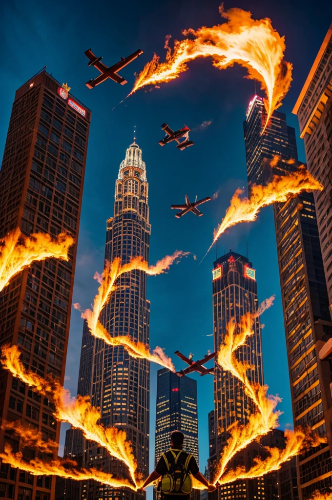 Three people with fire eyes flying, with buildings in the background 
