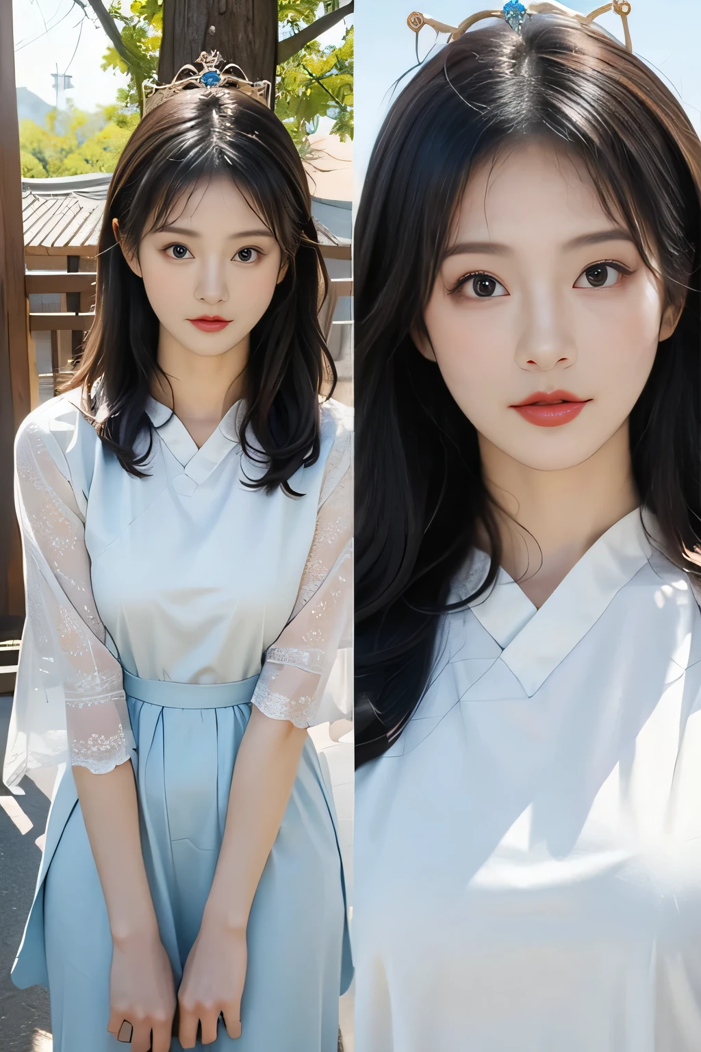 There is a blue sky, White clouds and mountains in the distance、tower and many people,flower,Tree,Hanfu woman,Phoenix Crown Crown、fine embroidery、Wearing Hanfu pantyhose、Hanfu、Wear long-sleeved Hanfu、Transparent and clear、Look、Large Breasts、(8k、Top quality、masterpiece:1.8)、(Complex details:1.8)、(Reality:1.8)、Octane Rendering、Complex realism with super details, Studio Soft Light, Side Light, vivid details, Super detail, Realistic skin texture, detail, beautiful eyes, Highly detailed CG Unity 16k wallpaper, cosmetic, (Detailed background:2.0), Clear your fingers,Beautiful fingers,Radiant Skin,beautiful legs:1.4