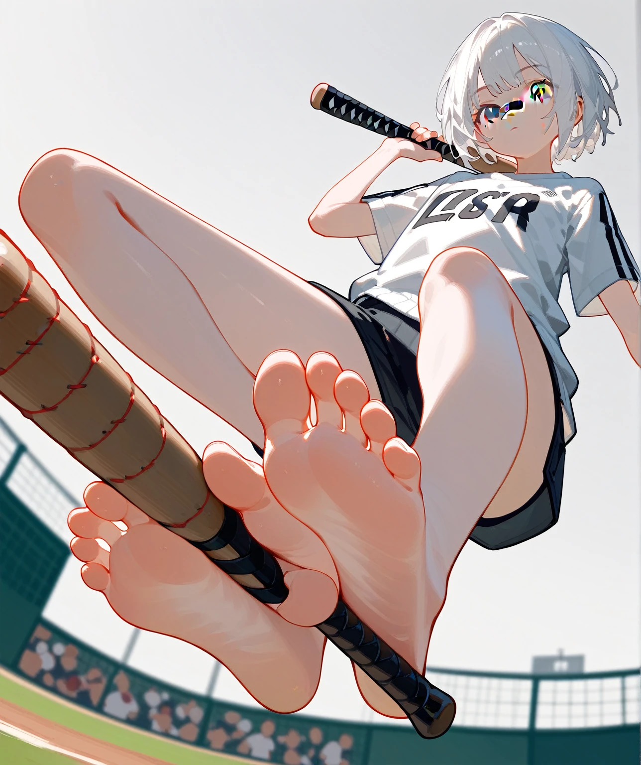 1 woman showing bare feet low angle，Two feet，Soles，Footstep focus，There is a band-aid on the nose，Black T-shirt，White sweatshirt jacket，high resolution, High Detail, quality, 高quality, Very detailed, Ultra HD, Textured Skin, Perspective drawing, White hair，Gray Eyes，Bangs, short hair, Baseball bat in hand，