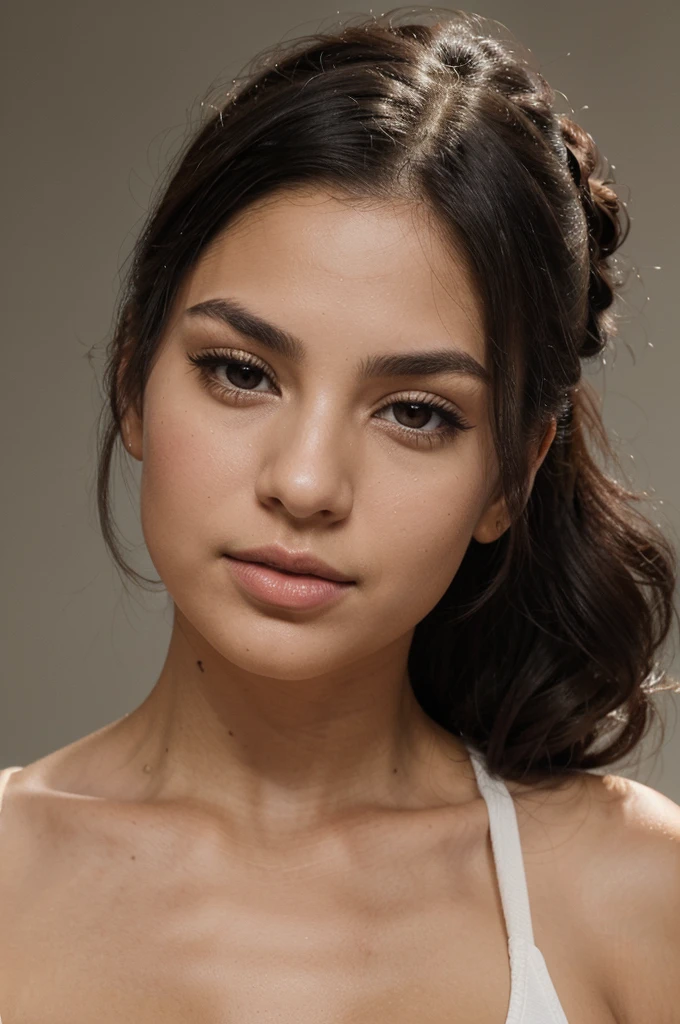 a magnificent young woman in her twenties, with Latino features. She has black hair all tied up in a bun. Her face has soft and balanced contours. She has large, well-defined dark brown eyes with long, thick eyelashes and well-arched black eyebrows. His nose is straight and slightly refined, proportionate to his face. Her lips are full and defined, with a natural color, and they are closed, contributing to her neutral expression. Her skin is matte, smooth and without visible imperfections. She is wearing a black t-shirt. She is facing the camera. The portrait was taken in a photo studio, the background is entirely white