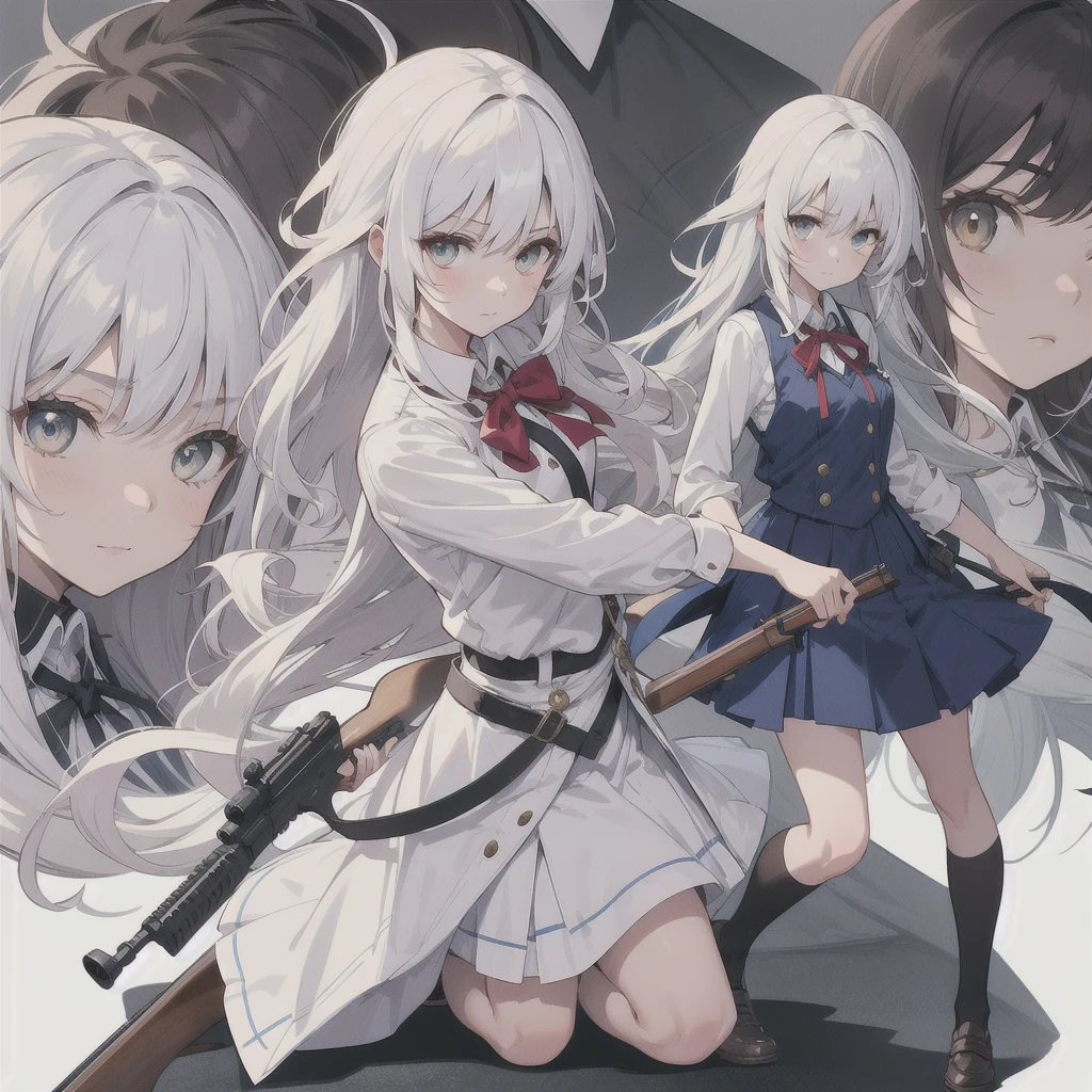 1girl,IncrsNikkeProfile,full body,zoom layer,holding weapon,holding a rifle, one knee,takina inoue,white hair,long hair,bangs,amber eyes,lycoris uniform,shirt,white ,ribbon,dress,collared shirt,closed mouth,,