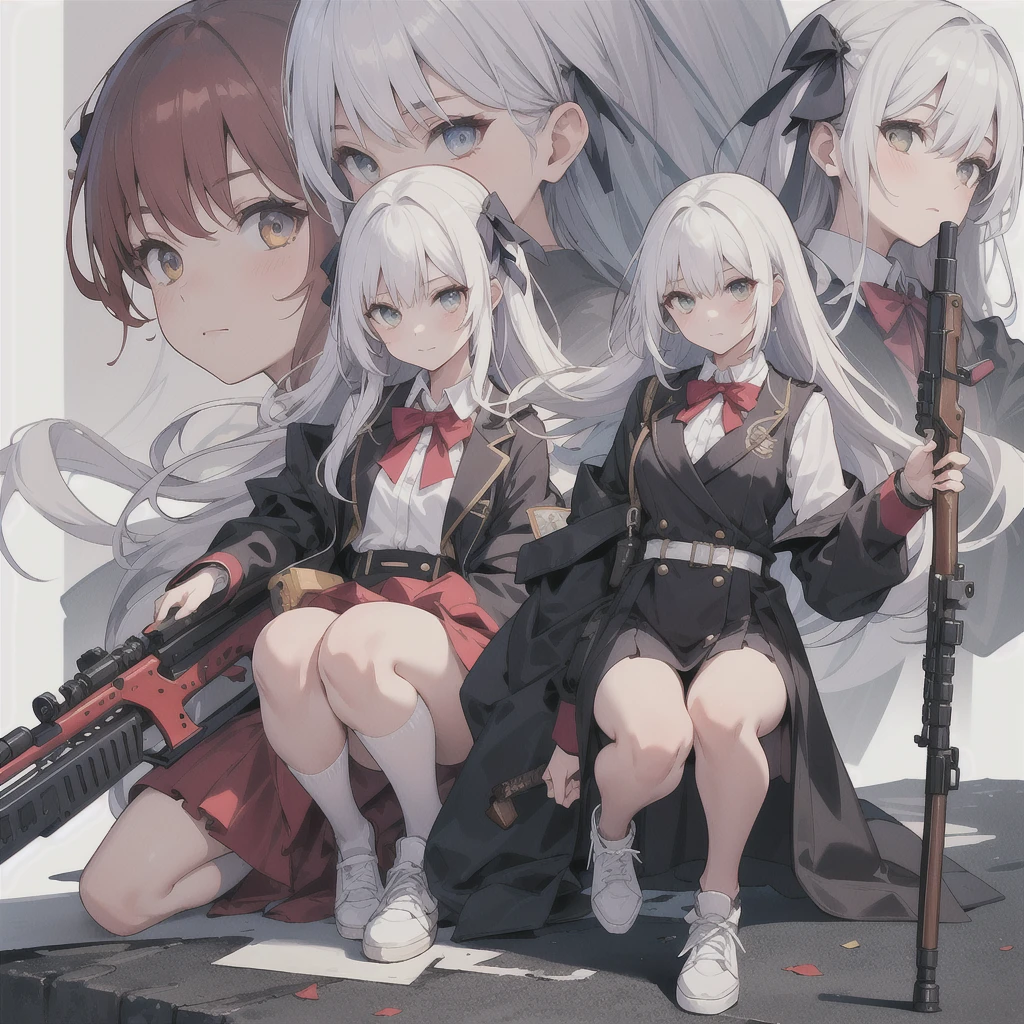 1girl,IncrsNikkeProfile,full body,zoom layer,holding weapon,holding a rifle, one knee,takina inoue,white hair,long hair,bangs,amber eyes,lycoris uniform,shirt,white ,ribbon,dress,collared shirt,closed mouth,,