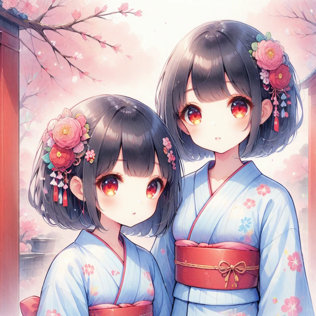 Black Hair,Red Eyes,long,yukata,hair ornaments