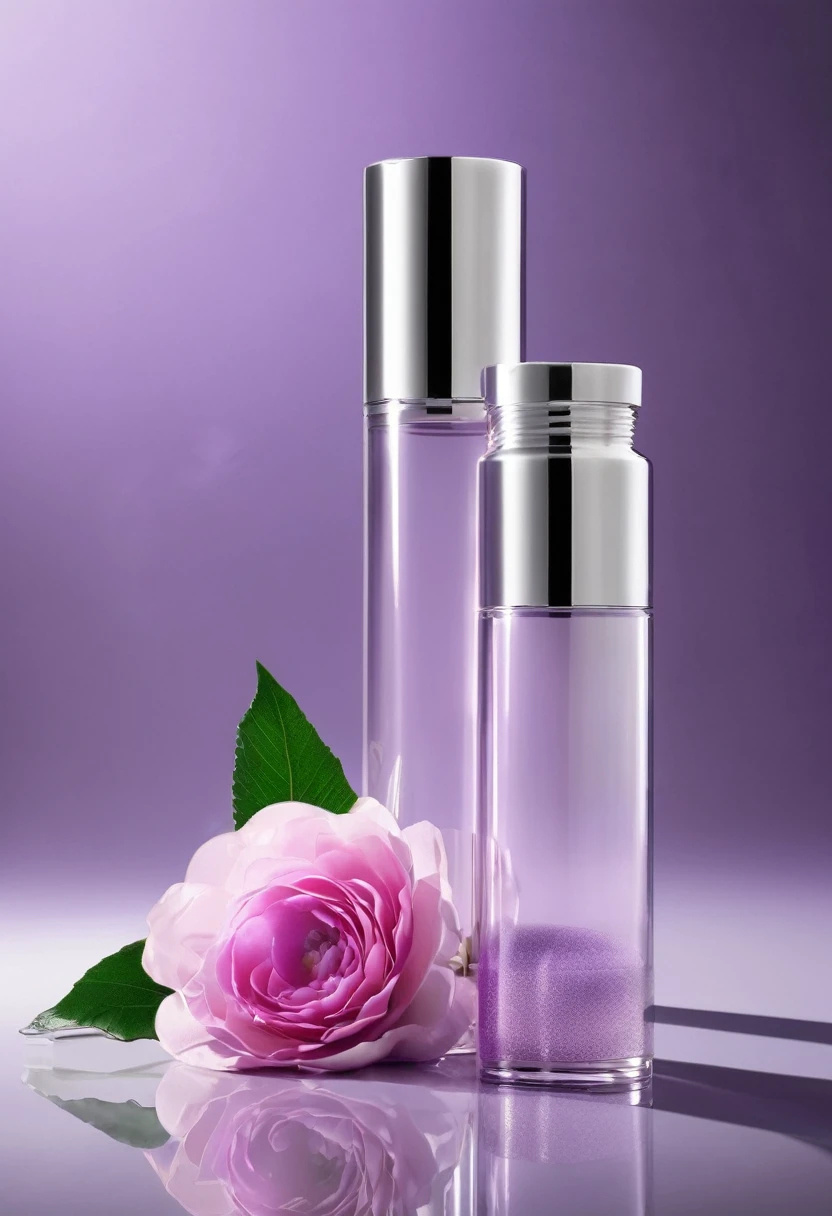 Cylindrical transparent cosmetic bottle, light purple liquid inside, silver metallic cap, single flower, best image quality.