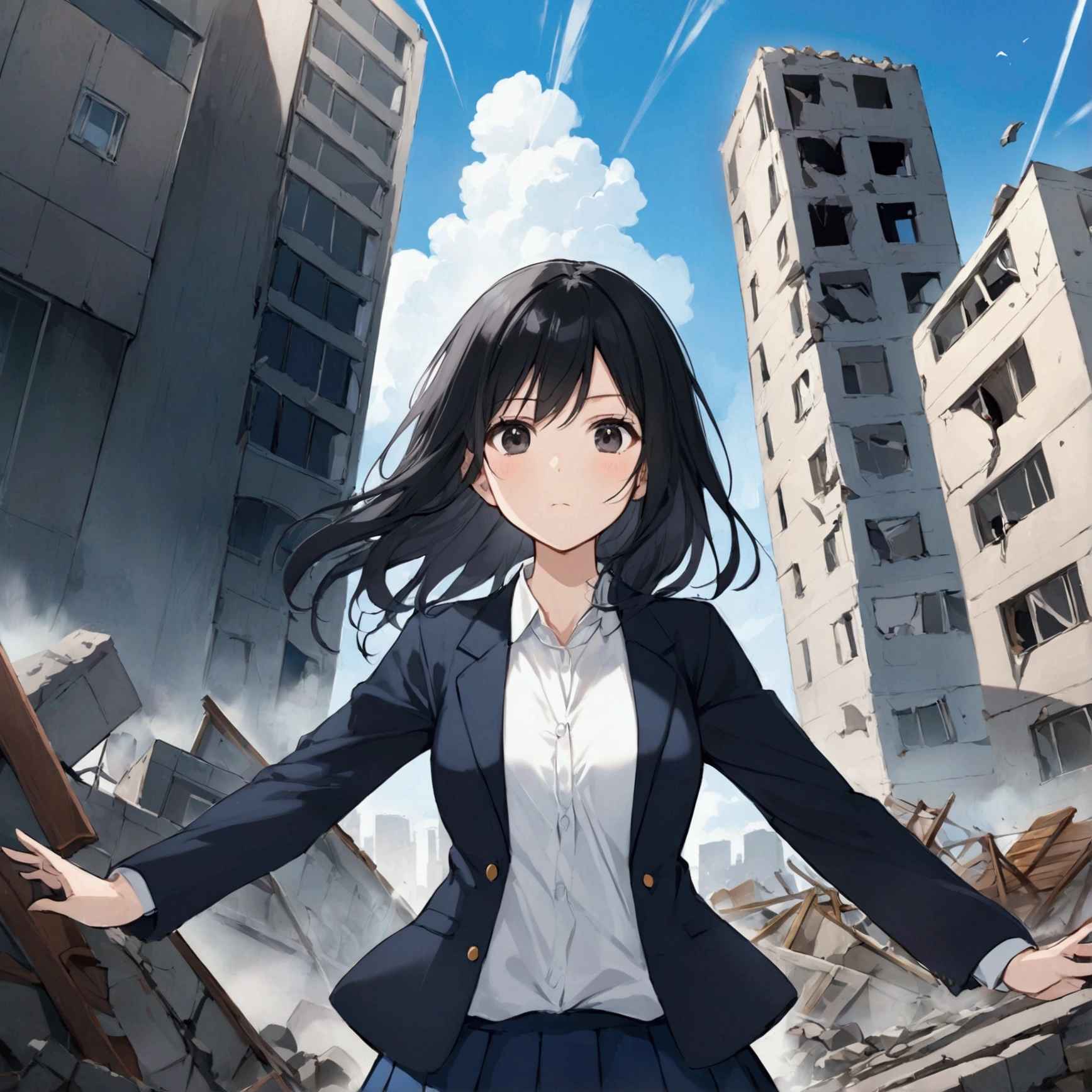cute woman, bigger than a building,destroy the building , No expression, 7:3 parting, semi-long, black hair, black eyes, Navy blazer, white shirt, Navy Tight Skirt,,blue sky , anime,