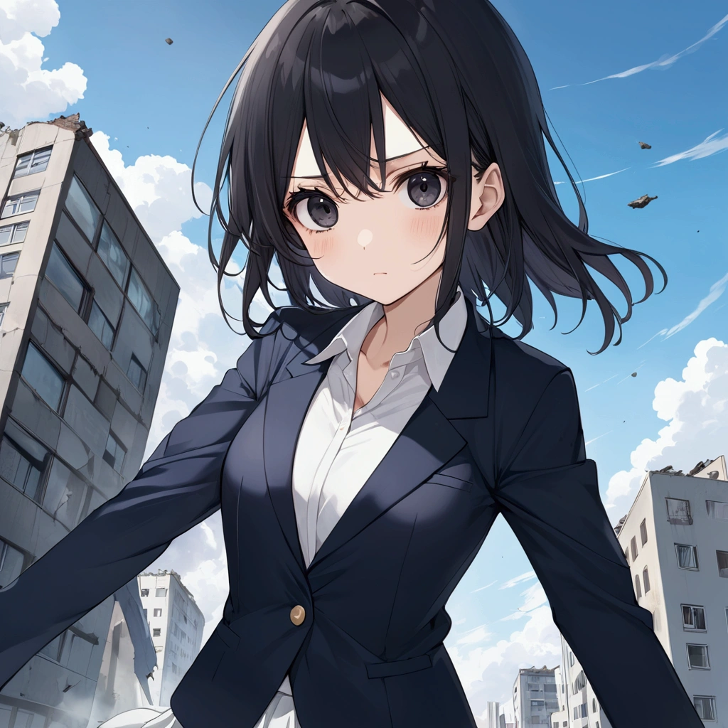 cute woman, bigger than a building,destroy the building , No expression, 7:3 parting, semi-long, black hair, black eyes, Navy blazer, white shirt, Navy Tight Skirt,,blue sky , anime, 