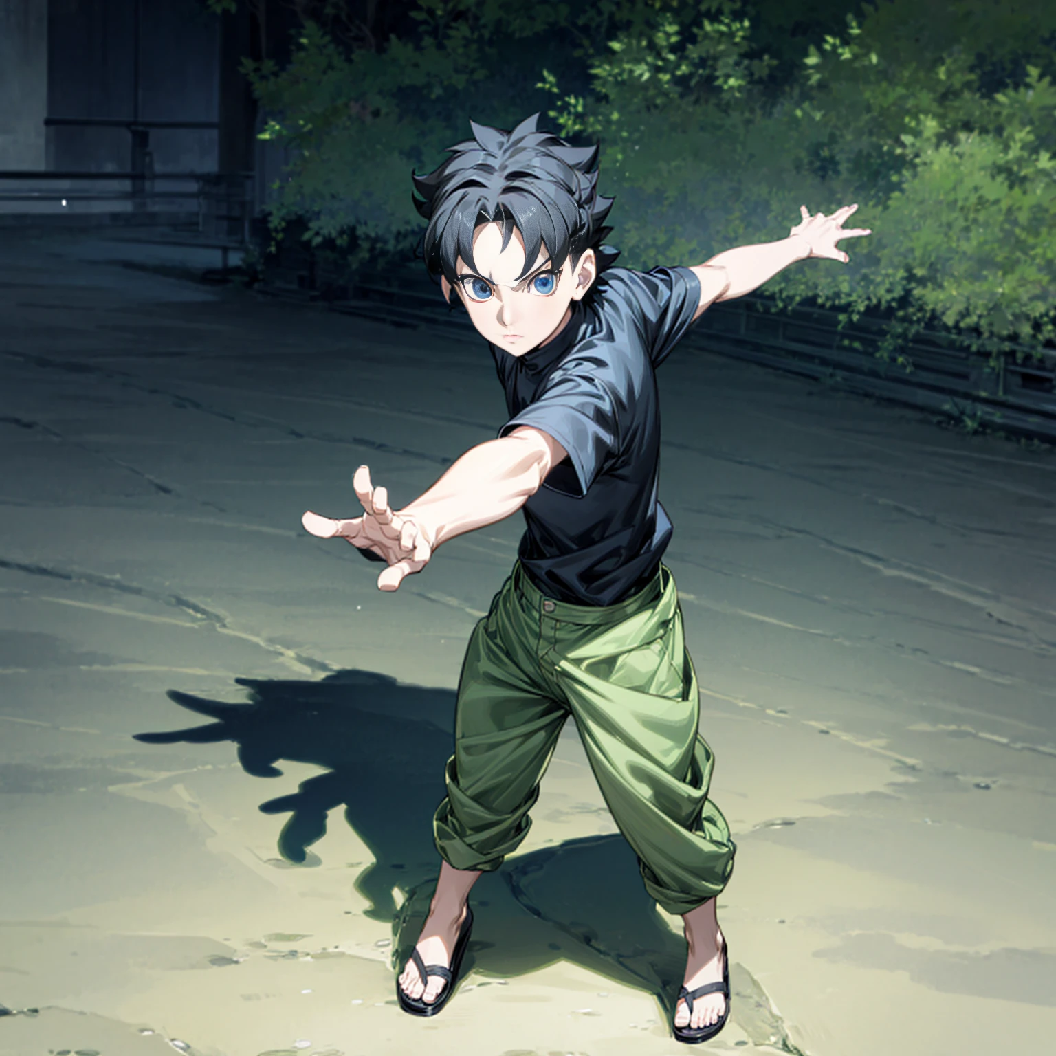 1children boy, Full body version, 1character, blue eyes, short haircut, black color hair, casual style outfit, sandals, Grassroots, background in city street, motion blur, (Hunter x Hunter style art), standing gesture, poor boy