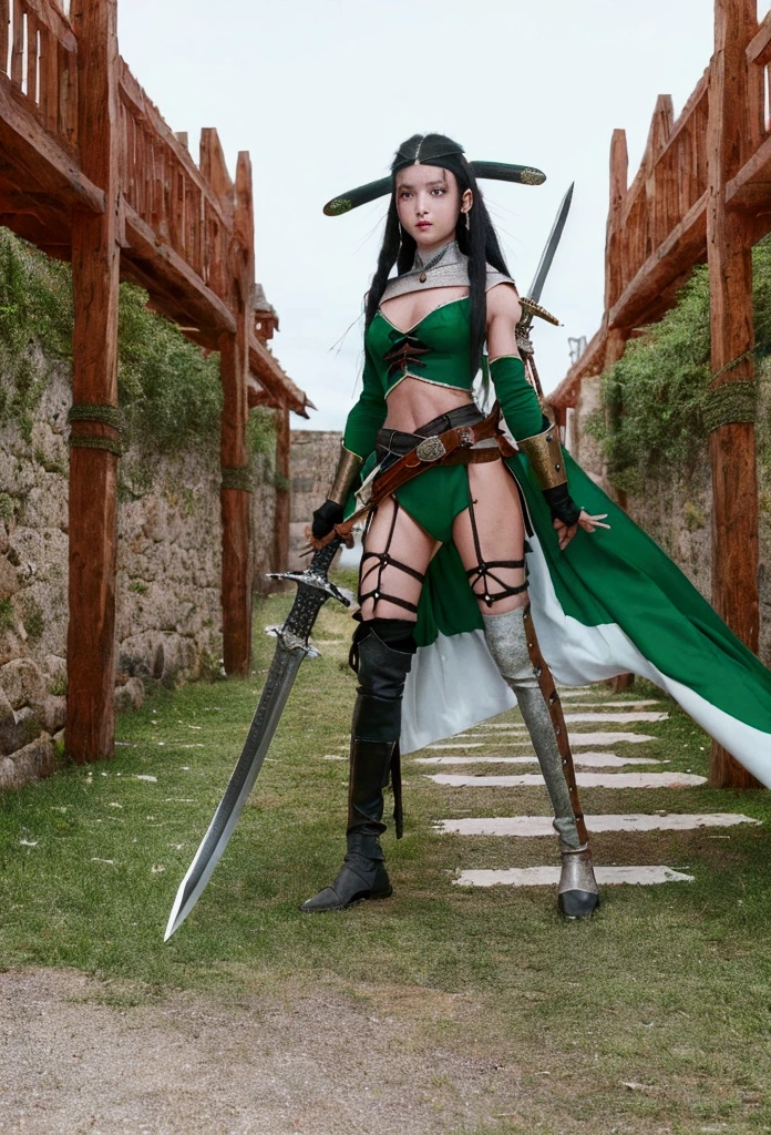 masterpiece, best quality, ultra detailed, , beautiful girl, swordsman, sword in hand, covered in wounds, blood, bandages, gothic , twin-tailed green and black hair, tattered clothes, medieval European battlefield, in battle, fast-moving, afterimage, full body, symmetrical structure of top and bottom