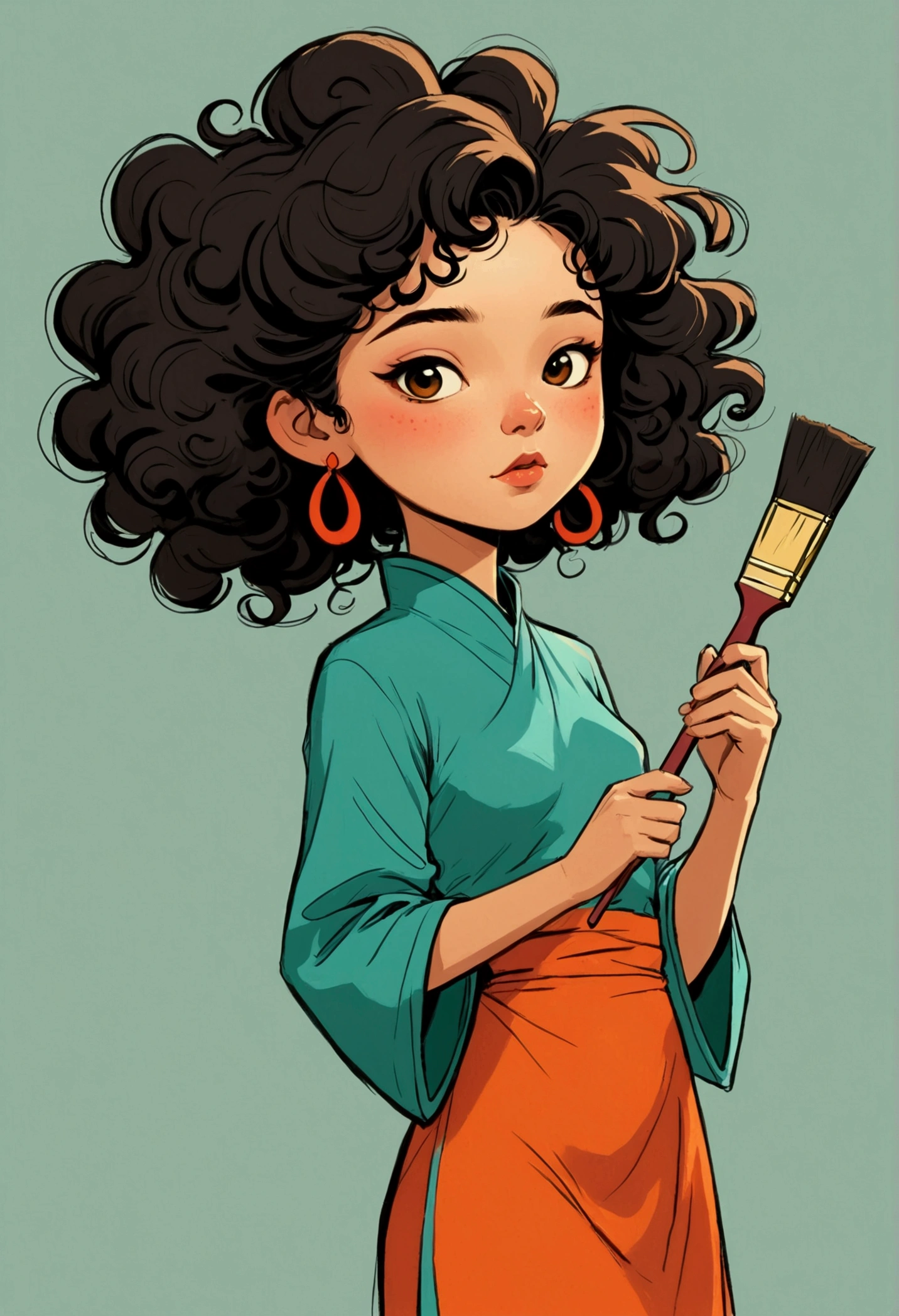 (((Exaggerated digital character sketches:1.37))).(1 Girl,Face paint,cheongsam,Solitary,Fluffy curly hair,(Exaggerated expression,),(Black sketch lines,Loose brushstrokes create the outline,Cartoon Style. Bright colors and simplified lines, sketch)。(Exaggerated body movements,holding a paintbrush in his hand),(Large area of blank)