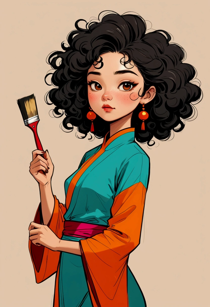 (((Exaggerated digital character sketches:1.37))).(1 Girl,Face paint,cheongsam,Solitary,Fluffy curly hair,(Exaggerated expression,),(Black sketch lines,Loose brushstrokes create the outline,Cartoon Style. Bright colors and simplified lines, sketch)。(Exaggerated body movements,holding a paintbrush in his hand),(Large area of blank)