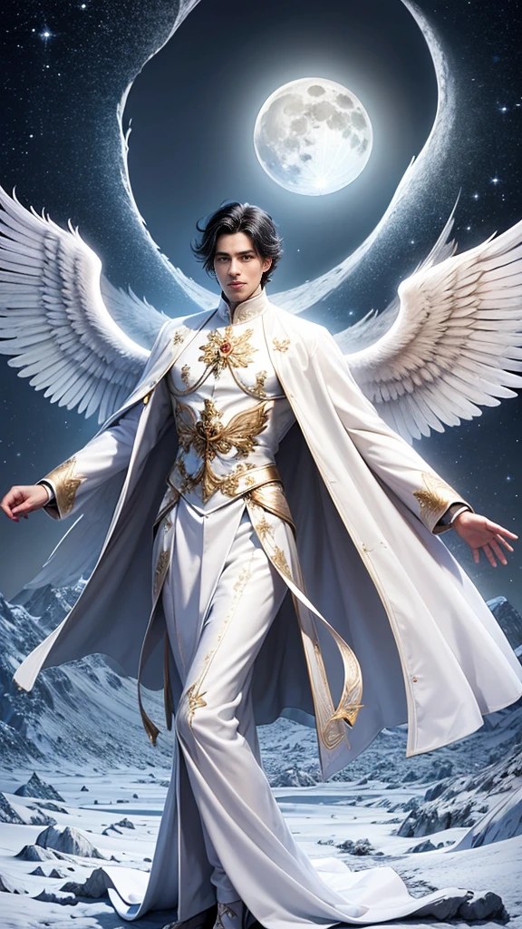 a male 35 year old angel, black hair, white long coat, with thousands majestic wings, with a full moon in the background, divine art, massive size, stand between two mountains, ultra definition, best quality, 32k ultra, ultra HD.