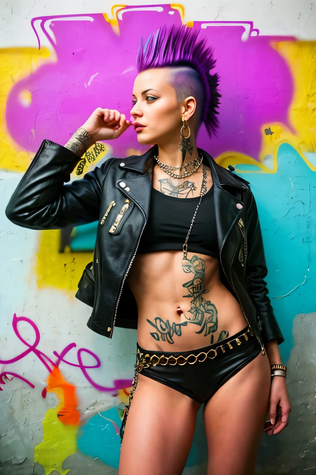 (work of art, best qualityer:1.2), 1 girl ,intrincately detailed, "Punk Girl", in dynamic pose, ((spike mohawk hair, punk hair, wearing a black jacket, chains, Rocket style, tattooed , hot body, abs)) . Shallow depth of field, vignette, highy detailed, high budget, bokeh, cinemascope, temperamental, epic, marvelous, film grain, grainy. ((Abandoned grafitti wall background)).