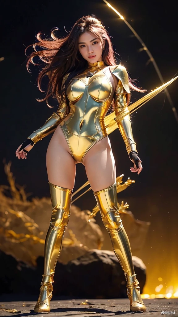 ((best quality)), ((masterpiece)), (ultra detailed lights), ((full body shot)), indonesian girl, extremely beautiful, ((slim body)), thighs gap, ultra face details, 20 years old, ((pink curvy-hair)), ((hair blown by strong winds :1.3)), Award-winning photograph, ((symmetrical pose)), teen goddess in ((full body golden black armor)) are in the middle of battlefield, posing in the middle, ((thight golden armour)), ((extremely details armor)), ((tight latex panties)), ((24k-gold armor)), ((edge luminous armor)), epic lights reflections, at beach, full of stars, orange clouds, nebula sky, epic aurora borealis in the background, shooting stars, ((from below))