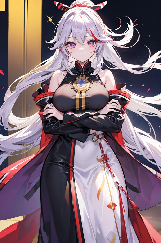 Prinz Eugen、Yae Miko、
(Right eye is yellow、Purple left eye)、
Highest quality、Highly refined、Super detailed、Sparkling Eyes、
Ultra-high resolution、Ultra HD、masterpiece、Detailed hands、
One woman、Only one person、solo、
(uniform)、Slit leather long skirt、
(Long coat)、Sleeves of priestess clothes、
Leather clothing、
Ahoge、messy hair、Super long hair、
ponytail、
Saggy breasts、Long Breasts、Huge Tits、
Cross your arms、