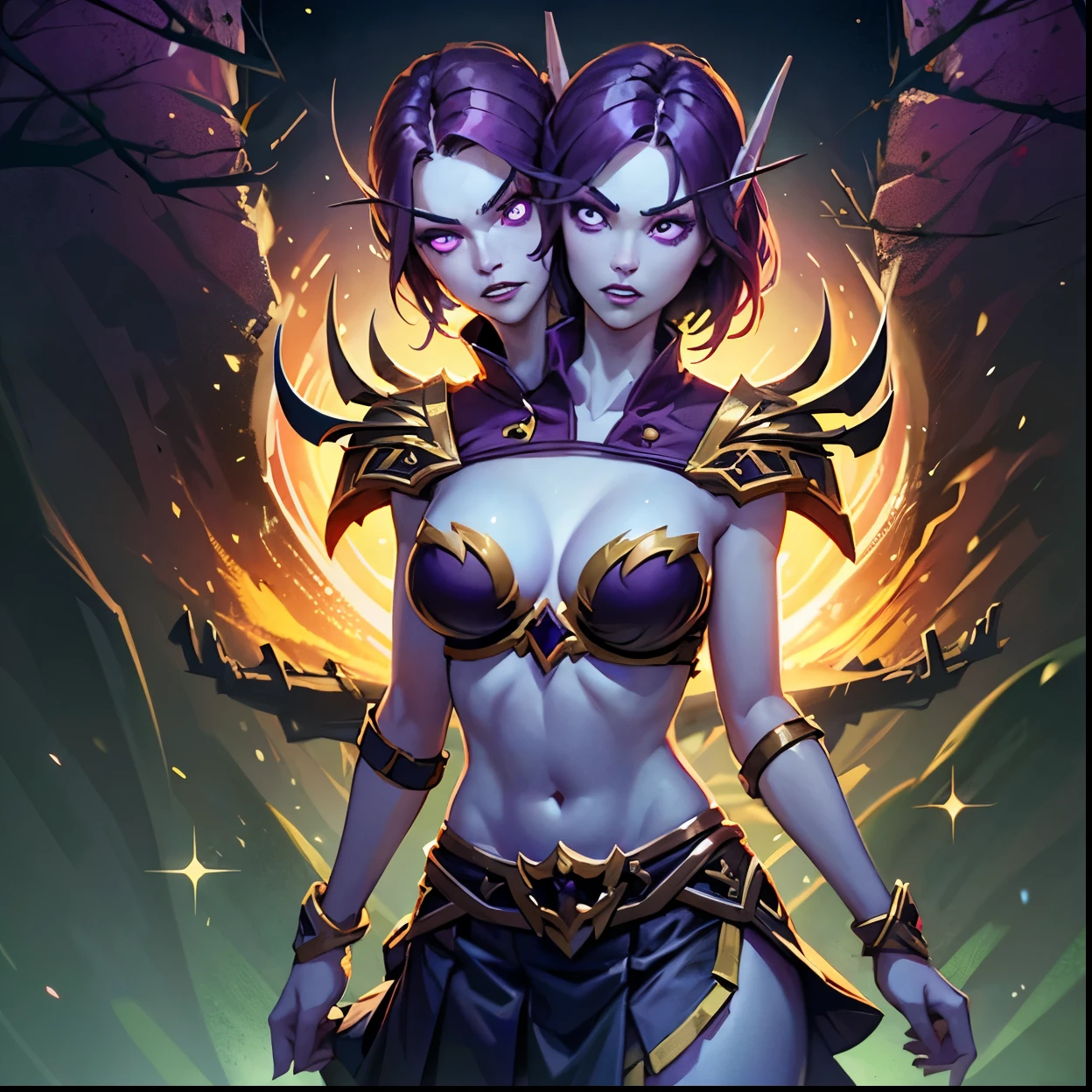 (1girl, purple hair, short hair, spiral eyes, angry, clenched teeth) (digital) (looking at viewer) (upper body) (standing), (Dark Purple Sparkling Forest background), (short skirt)) , best quality, pointy ears, colored skin, blue skin, glowing, cleavage, armor, Purple armor, gold trim, navel, voidelf, two heads, conjoined_dicephalus,