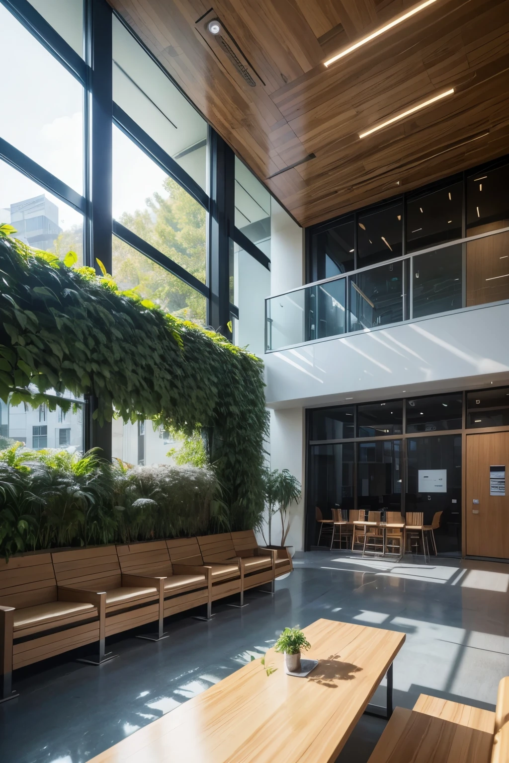 outer:

modern building: A bold design building with a glass and steel facade, reflecting a futuristic and innovative aesthetic. The building has clean lines and a structure that resembles the shape of a stylized tree., with architectural ramifications extending outward.
Company Logo: The Yggolym logo, in large, minimalist letters, is projected at the main entrance, integrated into the facade design. The logo incorporates a symbol that combines elements of a tree and a mountain, representing the fusion of mythologies.
Vertical garden: A vertical garden on the building&#39;s facade, with plants and vegetation that represent the connection with nature and sustainability, in addition to remembering the Yggdrasil tree.
Lobby:

Attractive Reception: A modern and welcoming lobby with a large Yggolym logo panel. The reception is made with high quality materials, like marble and wood, with a comfortable waiting area.
Collaborative Spaces: Lounge areas and cafe tables are arranged to promote interaction and networking between staff and visitors.
Internal Floors:

Open Work Environments: Open-plan offices with flexible spaces and ergonomic furniture, promoting a collaborative and dynamic environment. The interior walls have design elements that resemble branches and leaves, creating an inspiring atmosphere.
Laboratories and P Areas&d: Spaces dedicated to research and development with modern equipment and advanced technologies, well-lit and designed for innovation and creativity.
meeting rooms: Meeting rooms of different sizes, equipped with cutting-edge technology for video conferencing and collaboration. The rooms have decoration that references the gods of mythology, with subtle themes that refer to Norse and Greek gods.
play area:

Recreation Space: A leisure area for employees, with ping pong tables, a small gym and lounge for relaxation. The design is inspired by natural and mythological themes