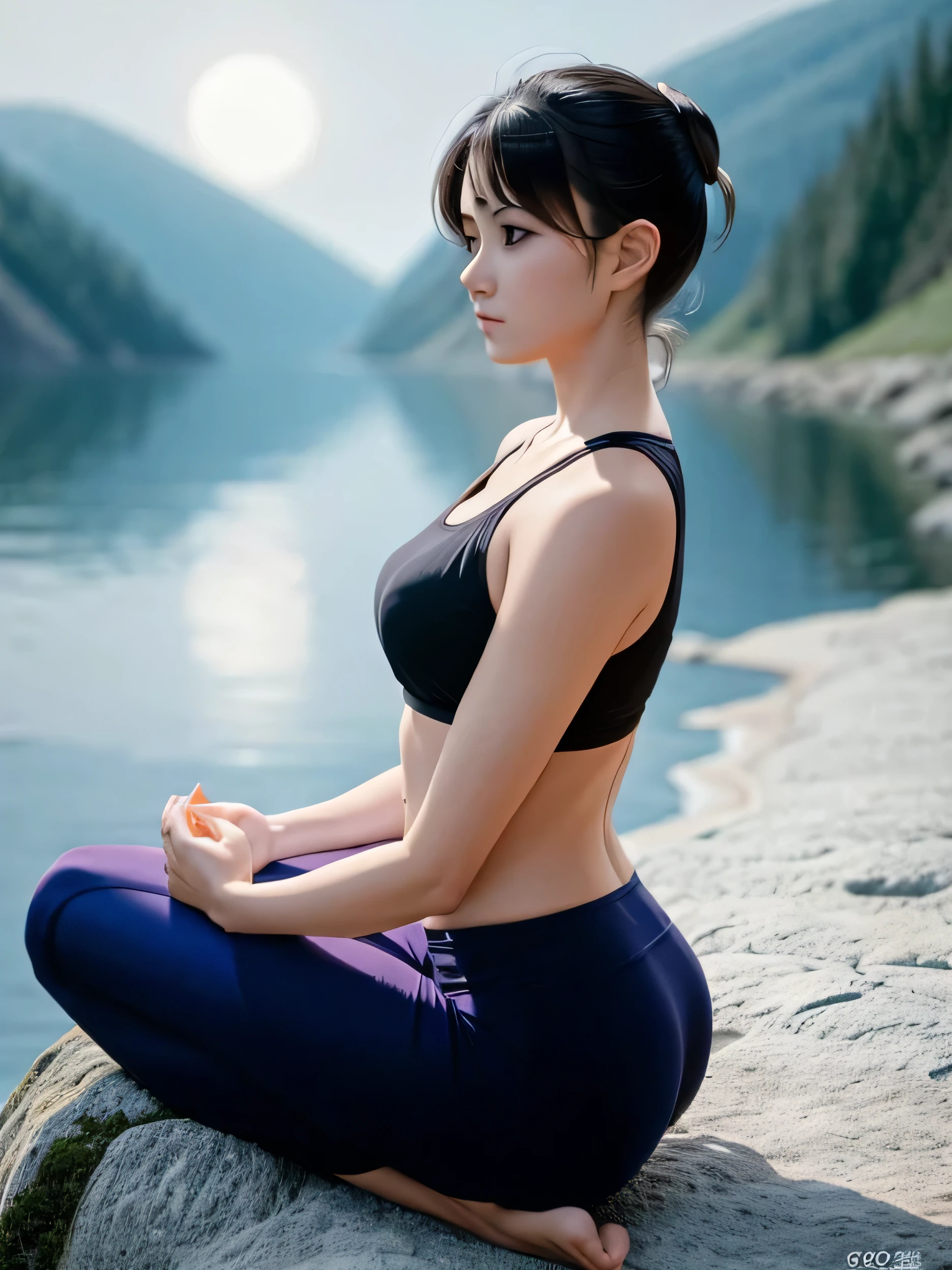 Woman doing yoga meditation on rocks near lake，meditation pose，Zen meditation，8k，beautiful art work，Anime style，4 k，calm，Moon Goddess，