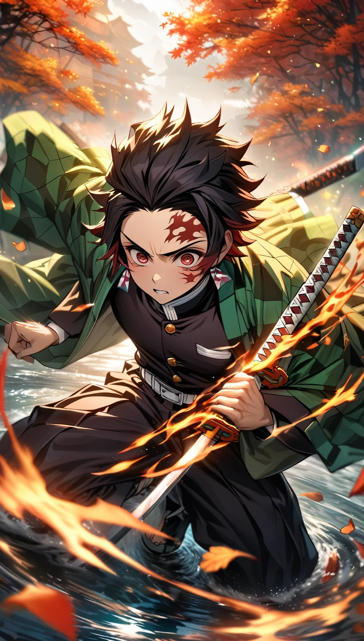 Ultra detailed, highres, absurdres, HDR, master piece, Kamado Tanjirou, ruffled black hair, expressive dark red eyes, Kimetsu No Yaiba, water, autumn, petals, sexy man, solo, handsome, demon slayer uniform, green haori, best quality, red mark on his forehead, holding katana, that burning with fire katana, fight, epic